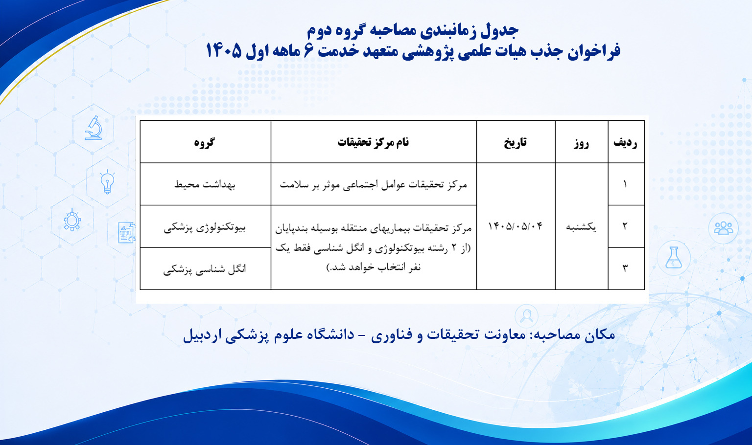 جدول زمانبندی مصاحبه گروه دوم فراخوان جذب هیات علمی پژوهشی متعهد خدمت 6 ماهه اول 1405