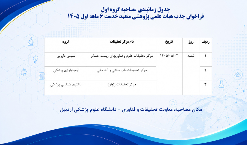 جدول زمانبندی مصاحبه گروه اول فراخوان جذب هیات علمی پژوهشی متعهد خدمت 6 ماهه اول 1405