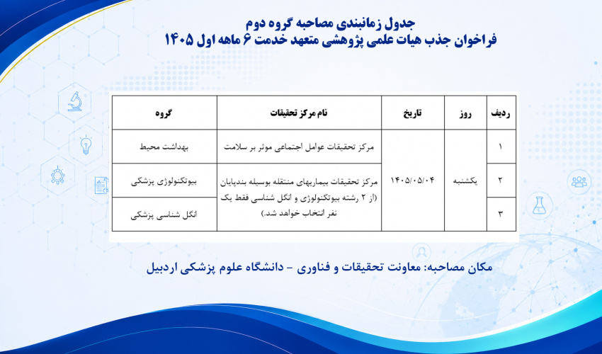 جدول زمانبندی مصاحبه گروه دوم فراخوان جذب هیات علمی پژوهشی متعهد خدمت 6 ماهه اول 1405